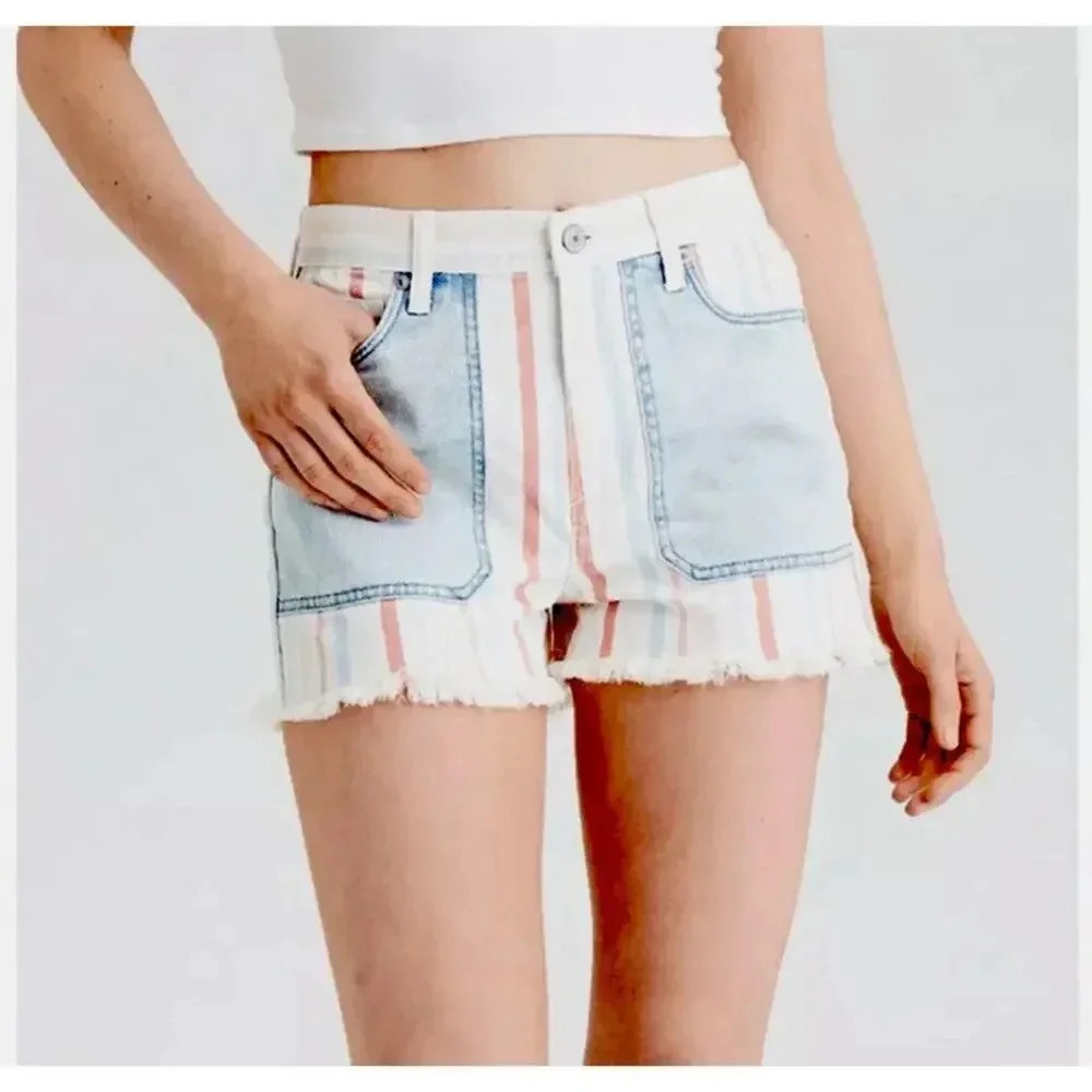 NWT American Eagle AE High Rise Mom Jean Shorts Denim Pastel Striped Raw Hem 8